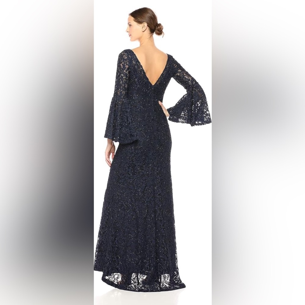 Elegant Navy Bell Sleeve Evening Gown - Picture 2 of 10